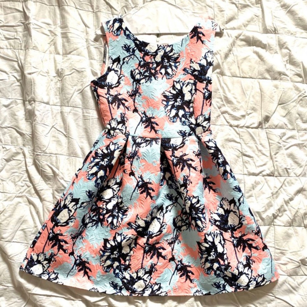 pink, blue, and white floral dress